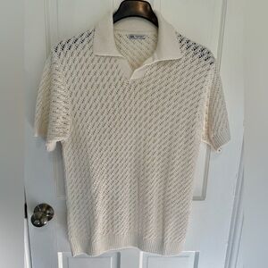 Zara Ivory Textured Knit Polo